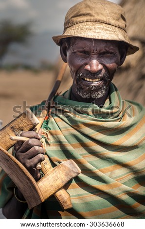 ARBORE, ETHIOPIA, 13 AUGUST: unidentified old man from Arbore Tribe poses for a portrait on August 13, 2014. Arbore tribe people are endangered because of oil field near their villages
