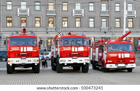 UFA, RUSSIA - SEPTEMBER 10: Modern KamAZ fire trucks exhibited at the annual motor show \