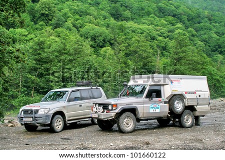 SOCHI, RUSSIA - JULY 20: Toyota Land Cruiser off-road cars take part at the international expedition Germany-Russia (12 July - 08 August 2009) on July 20, 2009 in Sochi, Russia.
