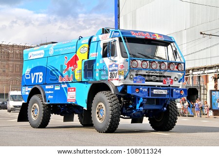 MOSCOW, RUSSIA - JULY 7: Ayrat Mardeev\'s KAMAZ 4326 No. 301 of Team Kamaz Master takes part at the annual Silkway Rally - Dakar series on July 7, 2012 in Moscow, Russia.