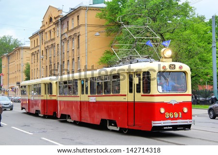 SAINT PETERSBURG, RUSSIA - MAY 26: Vintage russian tramway LM-49 takes part at the Retro Urban Transport Parade on May 26, 2013 in Saint Petersburg, Russia.