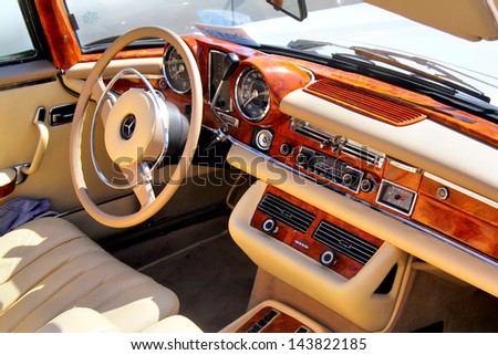 MOSCOW, RUSSIA - JUNE 2: Interior of german motor car Mercedes-Benz W111 S-class taken park at the annual L.U.C. Chopard Classic Weekend Rally on June 2, 2013 in Moscow, Russia.