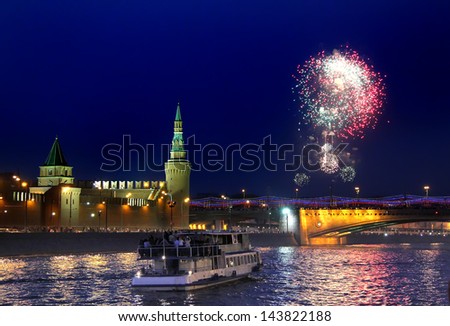 Firework over Kremlin and Moskva river in Moscow, Russia