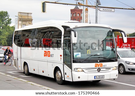 BERLIN - SEPTEMBER 10, 2013: Mercedes-Benz O510 Tourino coach of Bus-Verkehr-Berlin KG bus company at the city street.