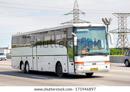 MOSCOW, RUSSIA - JUNE 2, 2012: White Van Hool T9 Alizee interurban coach at the city street.