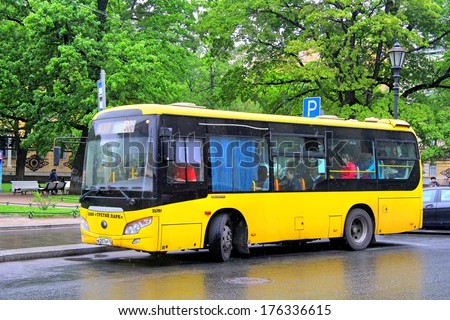SAINT PETERSBURG, RUSSIA - MAY 25, 2013: Yutong ZK6852HG city bus of the Tretiy Park bus company at city street.