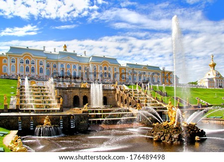PETERGOF, RUSSIA - MAY 27, 2013: Samson Fountain of the Grand Cascade near Peterhof Palace.