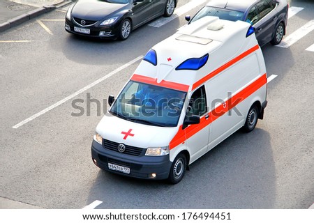 MOSCOW, RUSSIA - MAY 5, 2012: Volkswagen Transporter ambulance car at the city street.