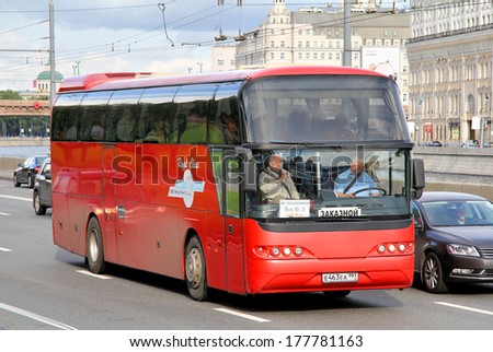 MOSCOW, RUSSIA - JUNE 3, 2012: Red Neoplan N1116 Cityliner interurban coach at the city street.