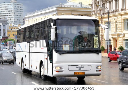 MOSCOW, RUSSIA - JUNE 3, 2012: White MAN A03 Lion\'s Star interurban coach at the city street.