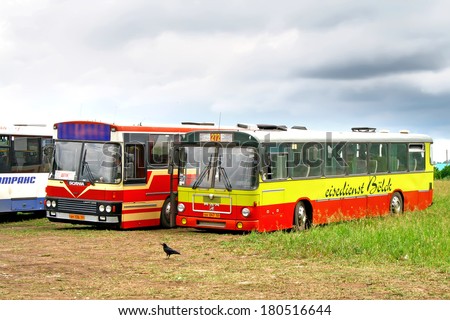 UFA, RUSSIA - JUNE 10, 2010: Vintage buses Lahti 300 and MAN SU240 at the grass field.
