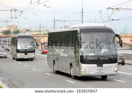 MOSCOW, RUSSIA - JUNE 2, 2013: Grey MAN R07 Lion\'s Coach interurban coaches at the city street.
