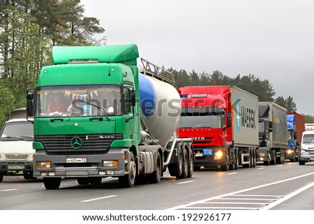 TVER REGION, RUSSIA - MAY 22, 2013: Traffic jam at the M10 federal highway connecting Moscow and Saint Petersburg.