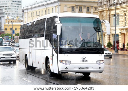 MOSCOW, RUSSIA - JUNE 3, 2012: White Higer KLQ6129Q interurban coach at the city street.
