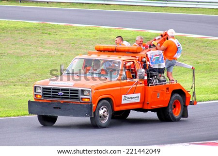 BUDAPEST, HUNGARY - JULY 26, 2014: Orange technical rescue truck Ford F-150 at the Hungaroring Formula One Race Track.