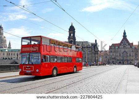 DRESDEN, GERMANY - JULY 20, 2014: Classic city sightseeing bus MAN SD200 at the city street.
