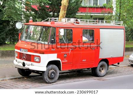 BERLIN, GERMANY - AUGUST 15, 2014: Old fire truck Mercedes-Benz T2 408 at the city street.