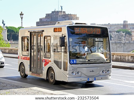 ROME, ITALY - AUGUST 1, 2014: Small city bus Tecnobus Gulliver at the city street.