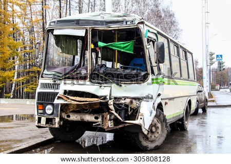 UFA, RUSSIA - NOVEMBER 4, 2011: Crashed city bus PAZ 3205 at the bus stop.