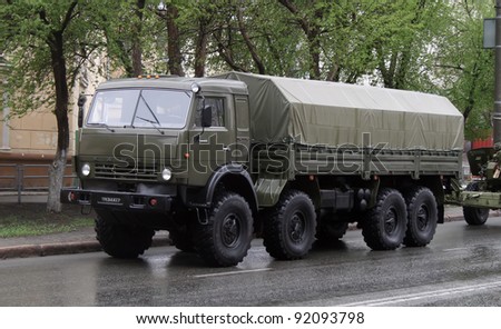 CHELYABINSK, RUSSIA - MAY 9: Army truck KamAZ-6350 