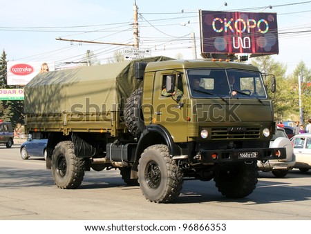 CHELYABINSK, RUSSIA - MAY 9: Army truck KamAZ-4350 Mustang exhibited at the annual Victory Parade on May 9, 2009 in Chelyabinsk, Russia.