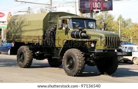 CHELYABINSK, RUSSIA - MAY 9: Army truck Ural-43206 exhibited at the annual Victory Parade on May 9, 2009 in Chelyabinsk, Russia.