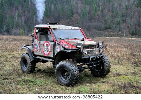 MINYAR, RUSSIA - OCTOBER 31: Off-road vehicle No. 66 takes part at the annual trophy challenge \