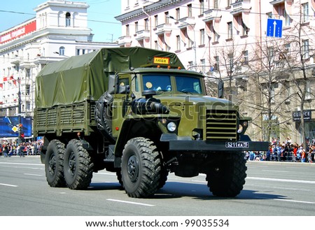 CHELYABINSK, RUSSIA - MAY 9: Armored military truck URAL-4320 exhibited at the annual Victory Parade on May 9, 2011 in Chelyabinsk, Russia.
