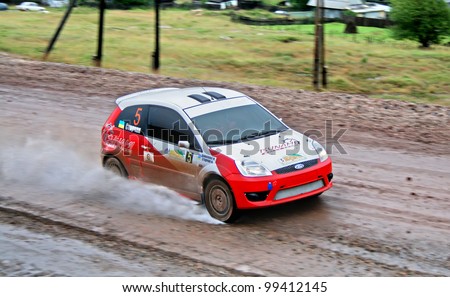 BAKAL, RUSSIA - AUGUST 8: Igor Storchak\'s Ford Fiesta (No. 5) competes at the annual Rally Southern Ural on August 8, 2009 in Bakal, Satka district, Chelyabinsk region, Russia.