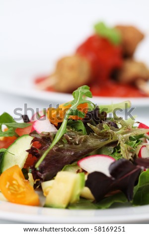 Mixed greens with grilled zucchini, tomatoes, yellow cherry tomatoes, radish and cucumber. Shallow DOF