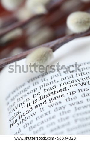 Open Bible with selective focus on the text in John 19:30 with Jesus\' last words on the cross: \