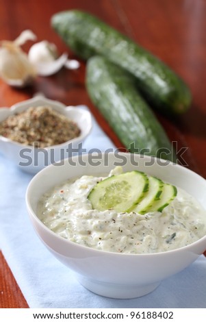 Tzatziki - Greek yogurt sauce with cucumbers, dill and garlic, known as tarator or snezhanka in Bulgaria or zaziki in Turkey. Shallow DOF