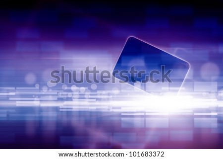 Abstract tablet PC, smartphone on dark blue background with bright lights.