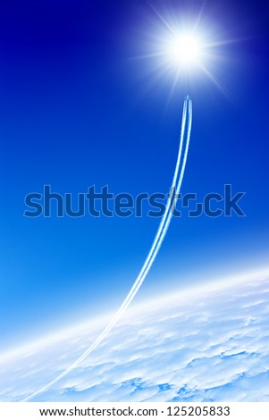 Jet aircraft rises to the bright sun in blue sky. Way to success. Concept of progress, improvement.