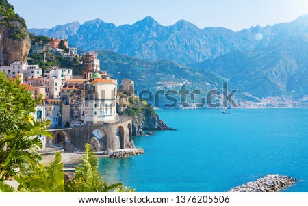 Daylight view of small city Atrani on Amalfi Coast in province of Salerno, in Campania region of Italy. Amalfi coast on Gulf of Salerno is popular travel and holyday destination in Italy. Foto d'archivio © 