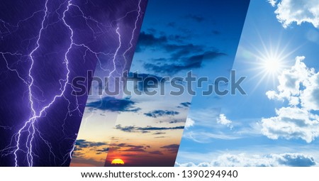Weather forecast concept, climate change background, collage of sky image with variety weather conditions - bright sun and blue sky, dark stormy sky with lightnings, glowing sunset