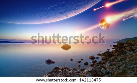 Abstract fantastic background - blue sunrise sky, smooth serene sea, alien planet in space, asteroid impact. Elements of this image furnished by NASA
