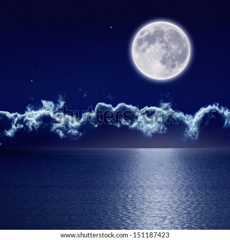 Peaceful background, night sky with full moon and reflection in sea, stars, beautiful clouds. Elements of this image furnished by NASA