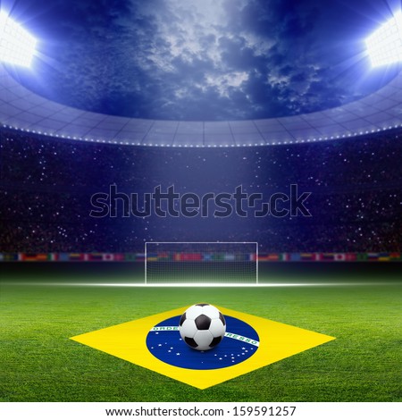 Soccer ball, green soccer stadium, arena in night illuminated bright spotlights, soccer goal, Brazil flag