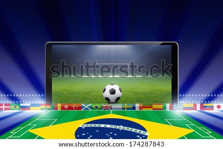 Technology, sports background - tablet pc, computer, soccer ball, sports game online, soccer online, brazil flag, brazil soccer, brazil soccer online