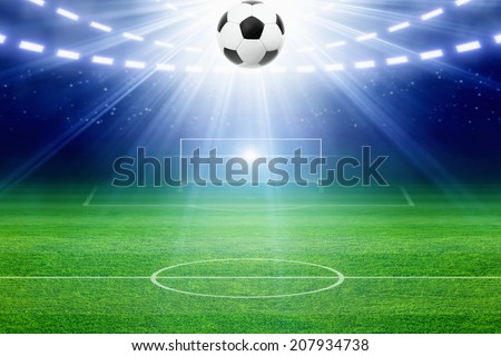 Sports Background Soccer Ball Soccer Stadium Arena In Night Illuminated Bright Spotlights Soccer Goal Green Field Stock Images Page Everypixel