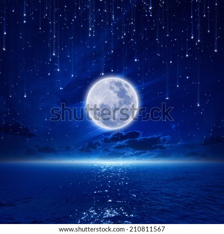 Peaceful background, night sky with full moon and reflection in sea, falling stars, glowing horizon. Elements of this image furnished by NASA