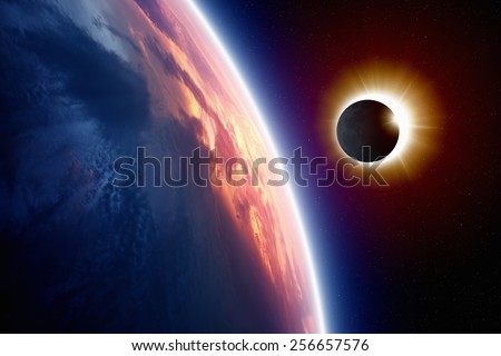 Abstract scientific background - planet Earth in space, full sun eclipse. Elements of this image furnished by NASA nasa.gov