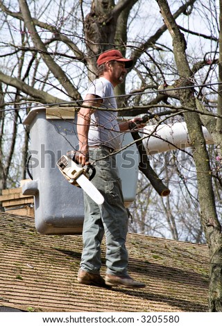 Tree worker removing branches over roof - what out for that electric line!