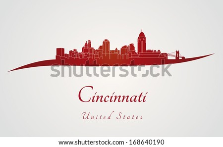 Cincinnati skyline in red and gray background in editable vector file