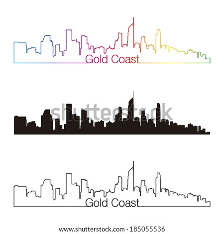 Gold Coast skyline linear style with rainbow in editable vector file