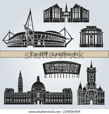 Cardiff landmarks and monuments isolated on blue background in editable vector file