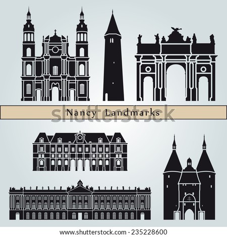Nancy landmarks and monuments isolated on blue background in editable vector file