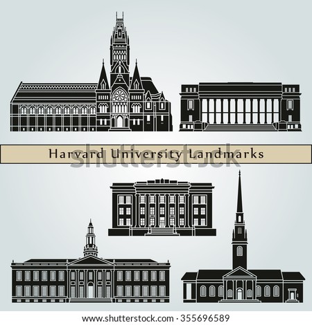 Harvard University landmarks and monuments isolated on blue background in editable vector file