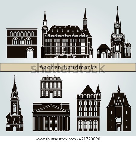 Aachen landmarks and monuments isolated on blue background in editable vector file